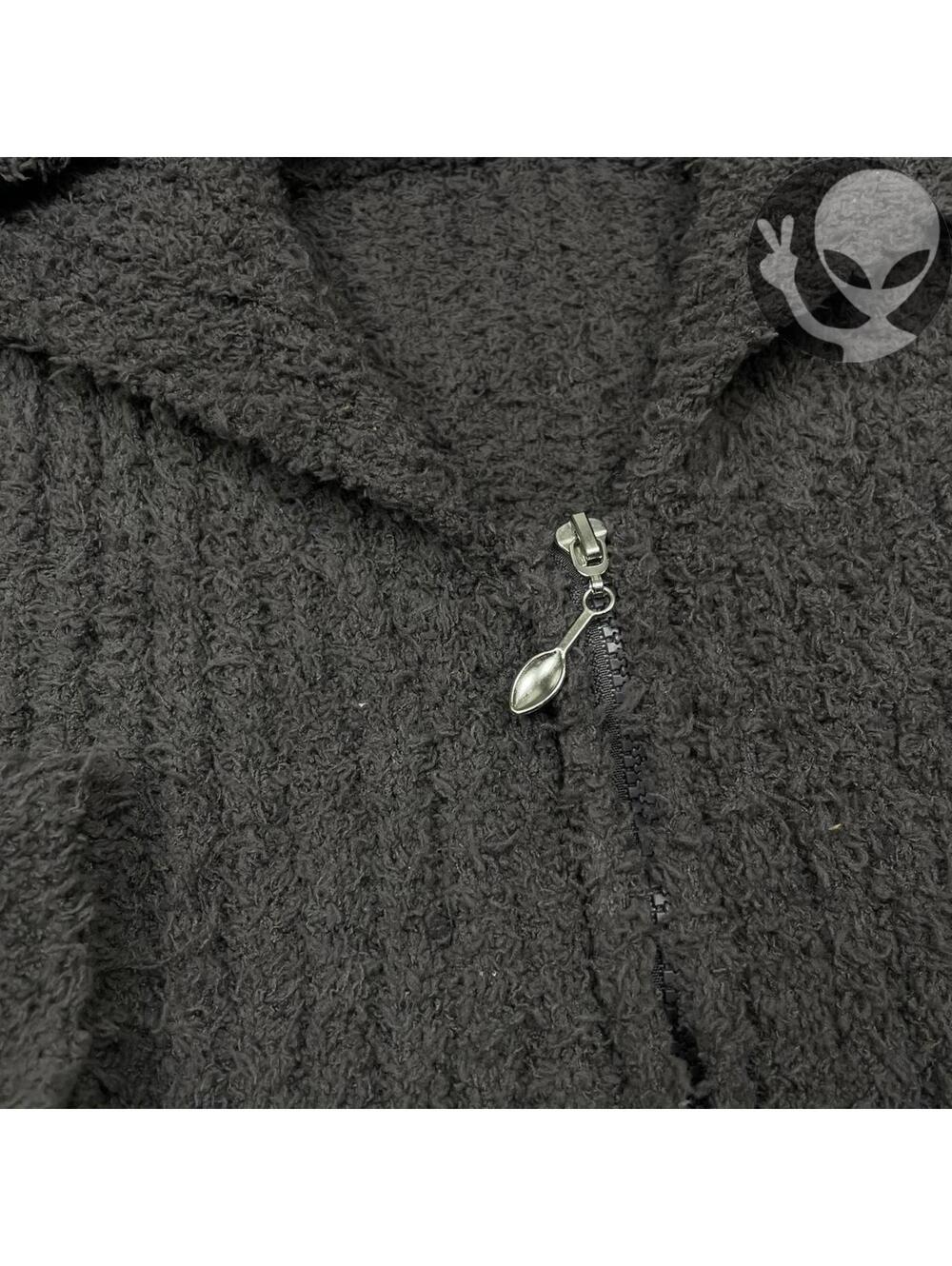 Custom Grey Hooded Pullover Robe Women Size XL Fuzzy Knit Spoon Zipper Pull